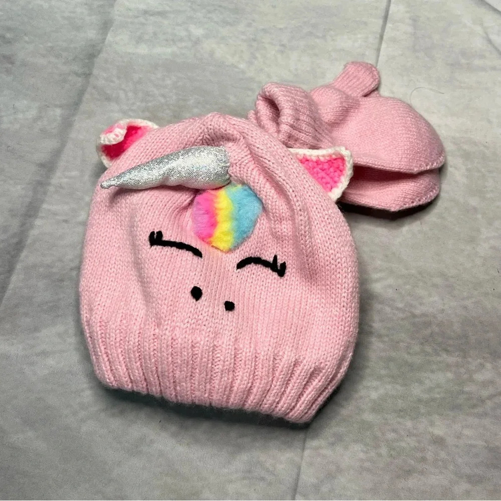 Target Pink Unicorn Hat With Ears and Matching Mittens - 12-24 months